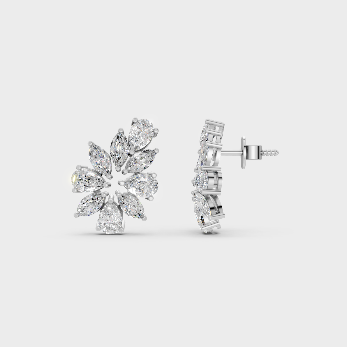Breathtaking shine of 1.98 Carat Marquise and Pear Cut Lab-Grown Diamond Stud Earrings in solid 950 Platinum.